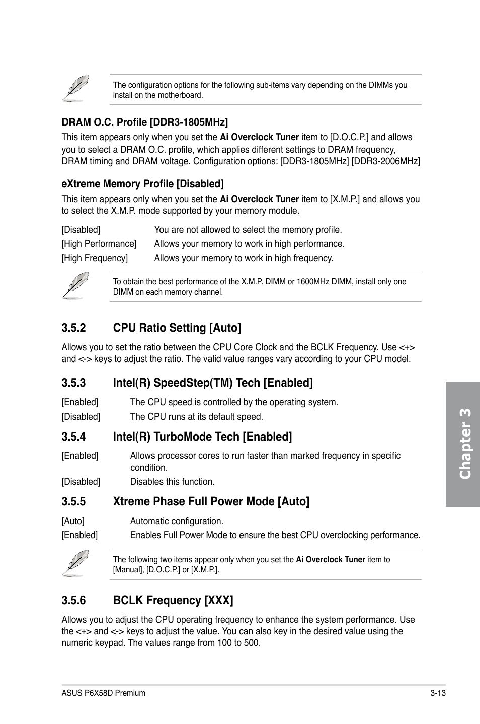 2 cpu ratio setting [auto, 3 intel(r) speedstep(tm) tech [enabled, 4 intel(r) turbomode tech [enabled | 5 xtreme phase full power mode [auto, 6 bclk frequency [xxx, Cpu ratio setting -13, Intel(r) speedstep(tm) tech -13, Intel(r) turbomode tech -13, Xtreme phase full power mode -13, Bclk frequency -13 | Asus P6X58D Premium User Manual | Page 71 / 126