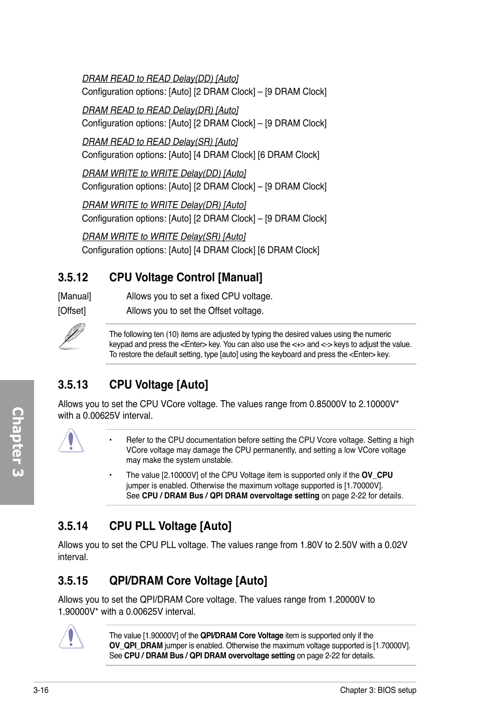 12 cpu voltage control [manual, 13 cpu voltage [auto, 14 cpu pll voltage [auto | 15 qpi/dram core voltage [auto, Cpu voltage control -16, Cpu voltage -16, Cpu pll voltage -16, Qpi/dram core voltage -16, Chapter 3 | Asus P6X58D Premium User Manual | Page 74 / 126