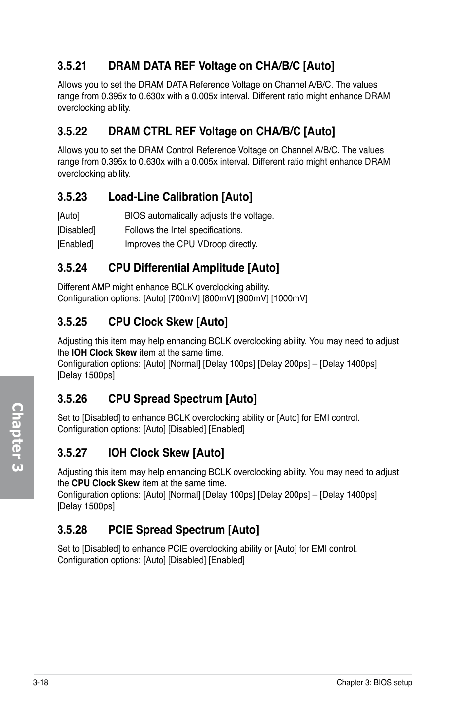 21 dram data ref voltage on cha/b/c [auto, 22 dram ctrl ref voltage on cha/b/c [auto, 23 load-line calibration [auto | 24 cpu differential amplitude [auto, 25 cpu clock skew [auto, 26 cpu spread spectrum [auto, 27 ioh clock skew [auto, 28 pcie spread spectrum [auto, Dram data ref voltage on cha/b/c -18, Dram ctrl ref voltage on cha/b/c -18 | Asus P6X58D Premium User Manual | Page 76 / 126