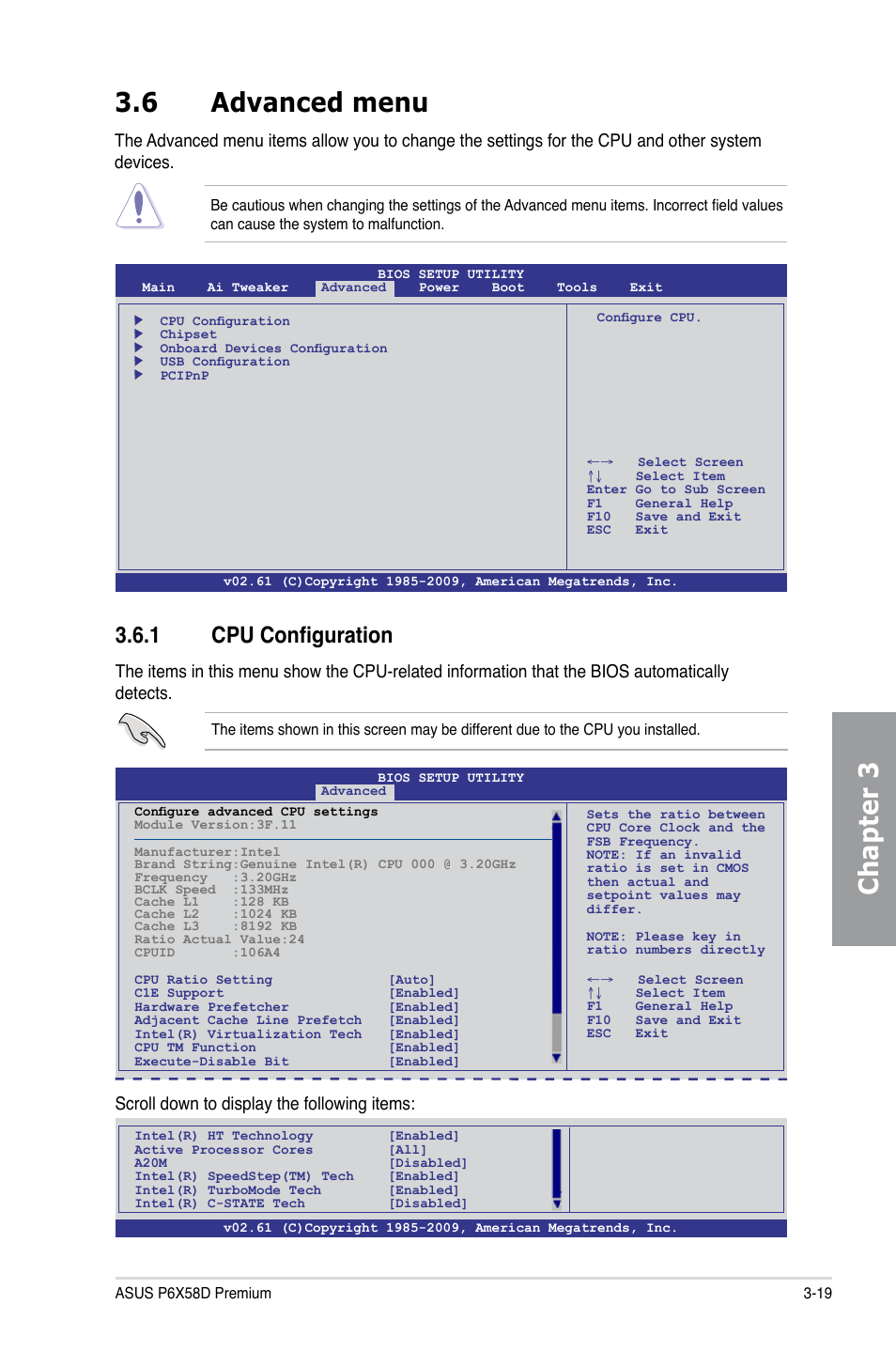 6 advanced menu, 1 cpu configuration, Advanced menu -19 3.6.1 | Cpu configuration -19, Chapter 3, Scroll down to display the following items | Asus P6X58D Premium User Manual | Page 77 / 126