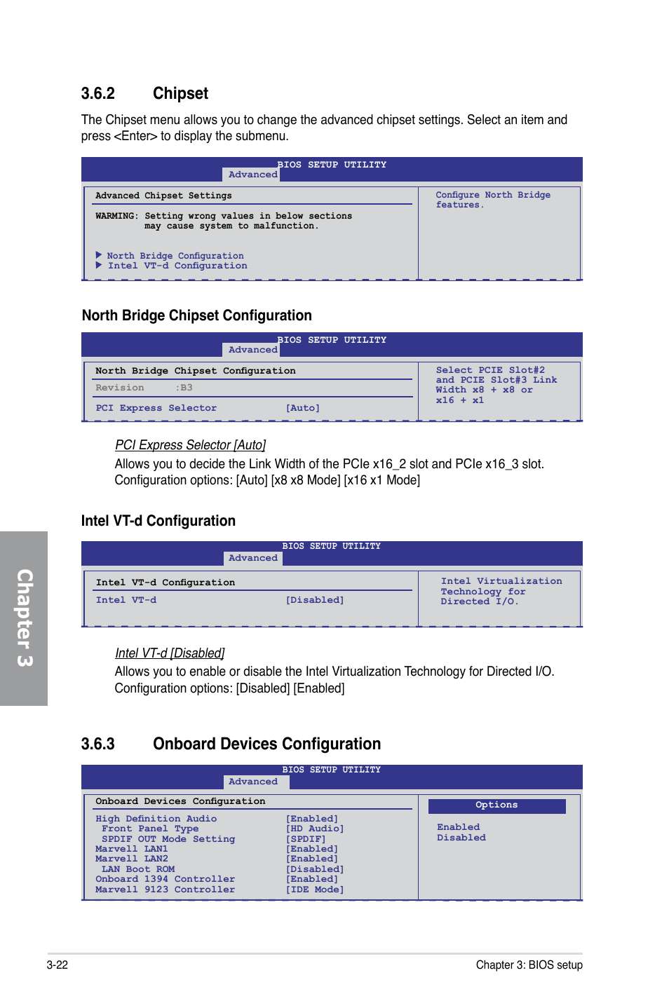 2 chipset, 3 onboard devices configuration, Chipset -22 | Onboard devices configuration -22, Chapter 3, 3 onboard devices configuration 3.6.2 chipset, North bridge chipset configuration, Intel vt-d configuration | Asus P6X58D Premium User Manual | Page 80 / 126