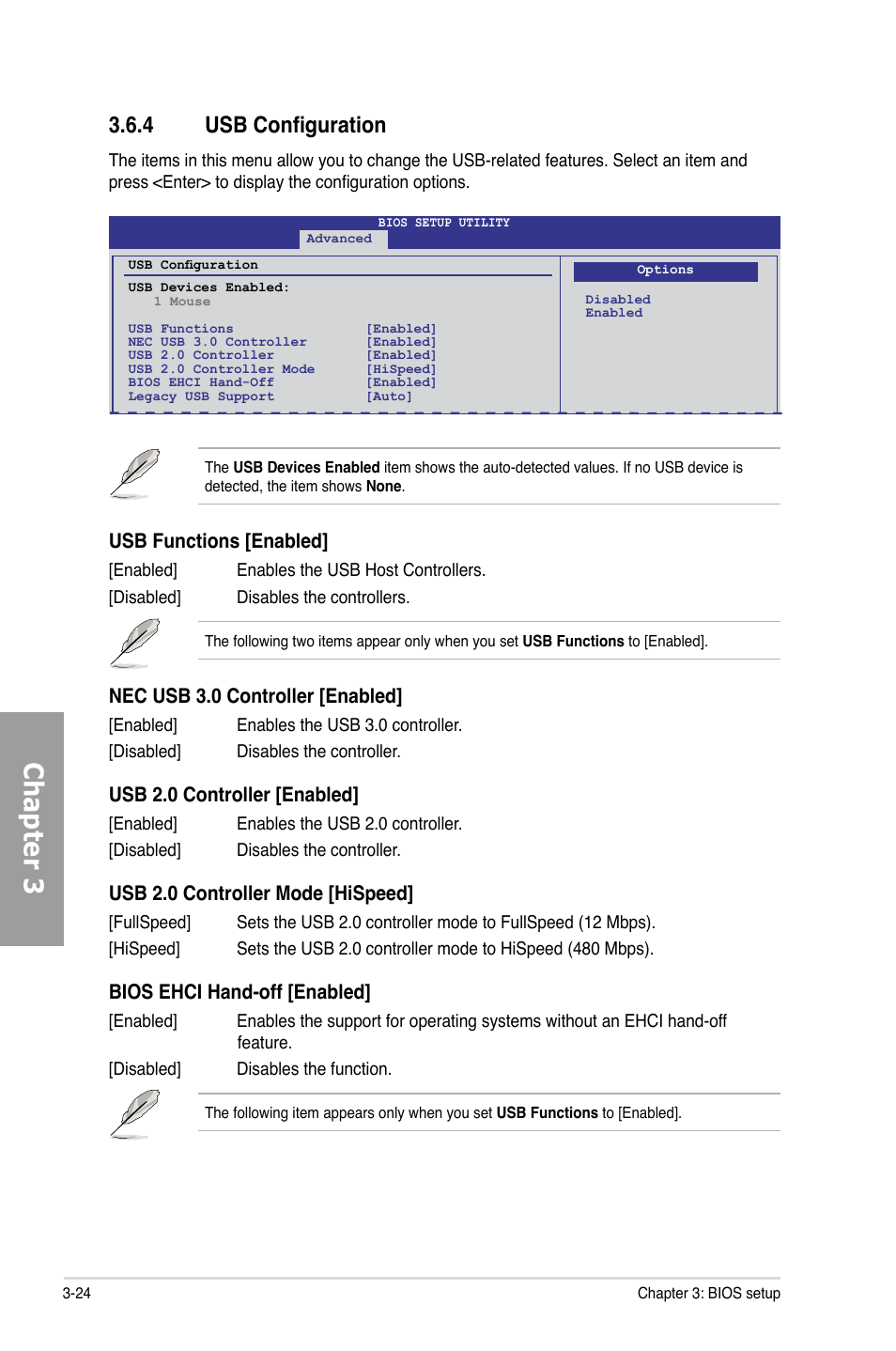 4 usb configuration, Usb configuration -24, Chapter 3 | Usb functions [enabled, Nec usb 3.0 controller [enabled, Usb 2.0 controller [enabled, Usb 2.0 controller mode [hispeed, Bios ehci hand-off [enabled | Asus P6X58D Premium User Manual | Page 82 / 126