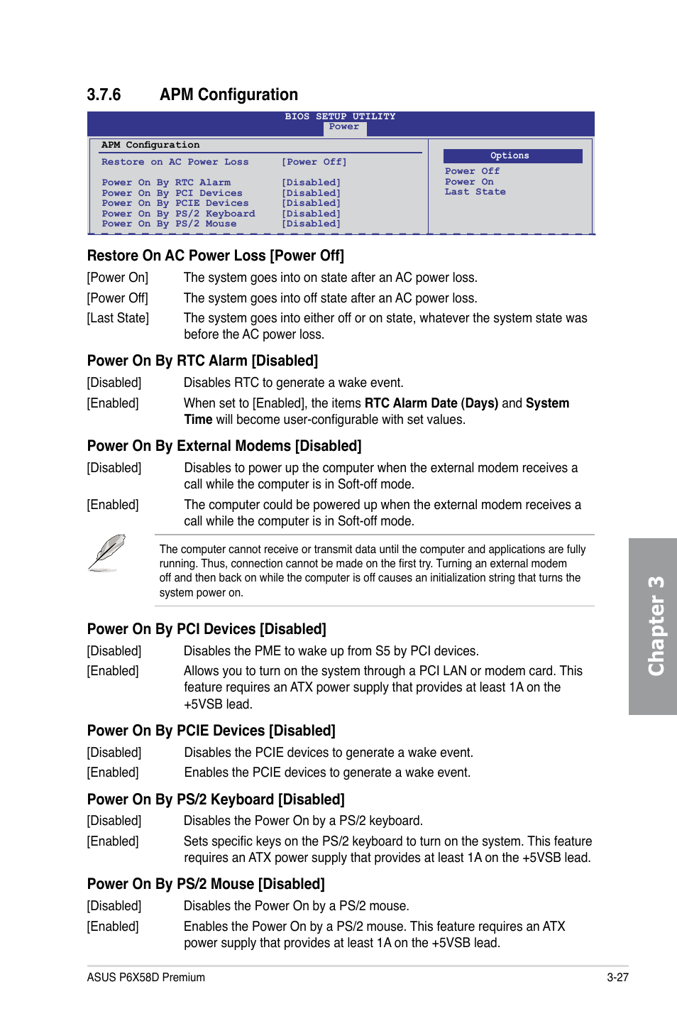 6 apm configuration, Apm configuration -27, Chapter 3 | Asus P6X58D Premium User Manual | Page 85 / 126