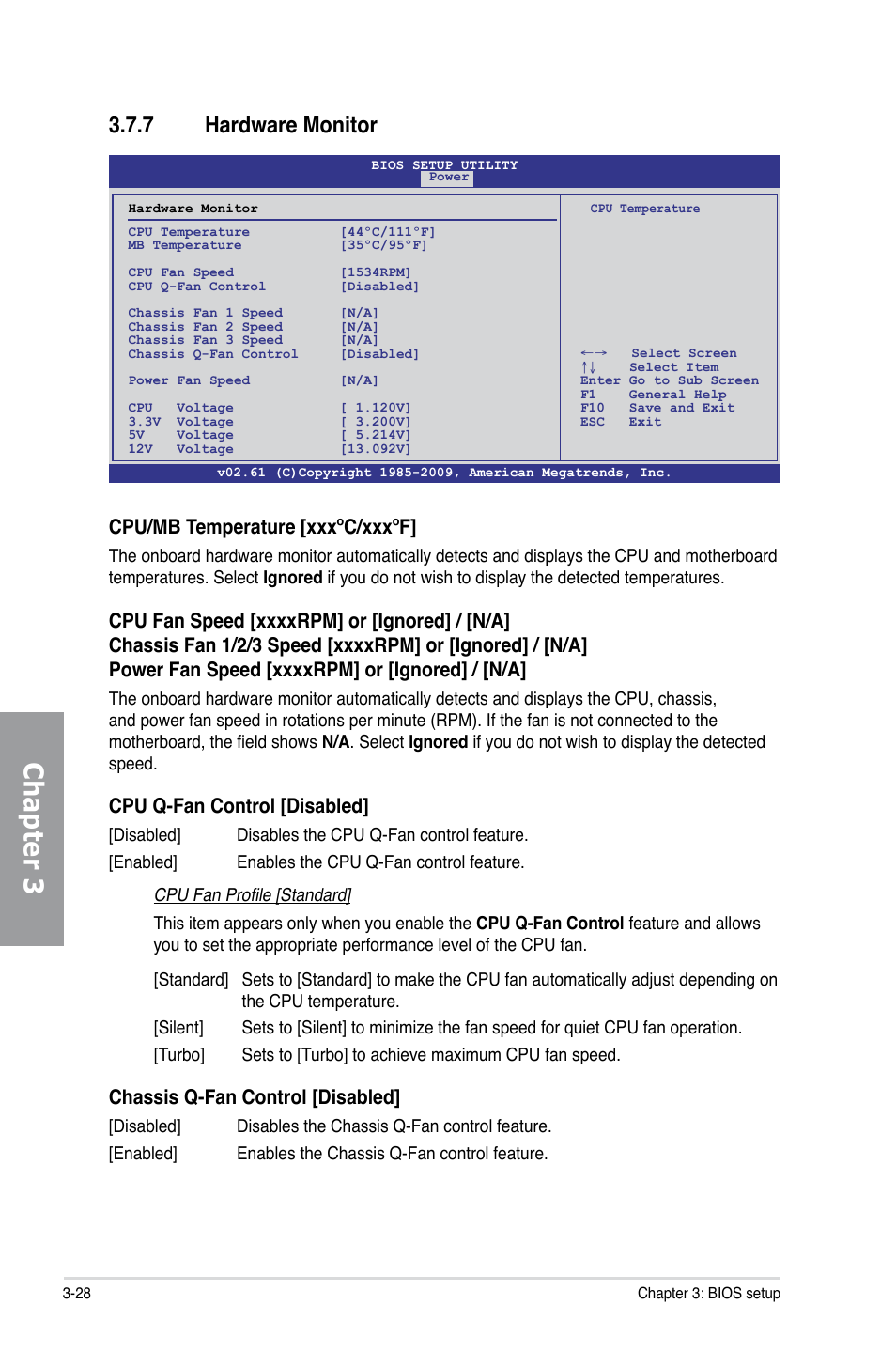 7 hardware monitor, Hardware monitor -28, Chapter 3 | Cpu/mb temperature [xxxºc/xxxºf, Cpu q-fan control [disabled, Chassis q-fan control [disabled | Asus P6X58D Premium User Manual | Page 86 / 126