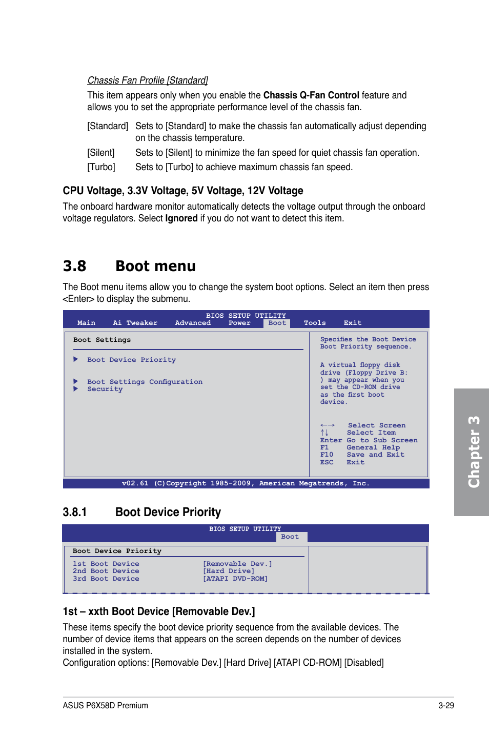 8 boot menu, 1 boot device priority, Boot menu -29 3.8.1 | Boot device priority -29, Chapter 3 3.8 boot menu, 1st – xxth boot device [removable dev | Asus P6X58D Premium User Manual | Page 87 / 126