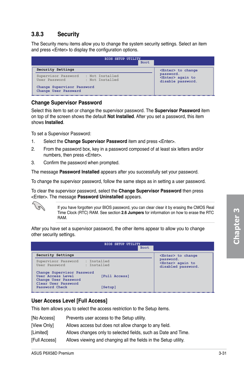 3 security, Security -31, Chapter 3 | Change supervisor password, User access level [full access | Asus P6X58D Premium User Manual | Page 89 / 126