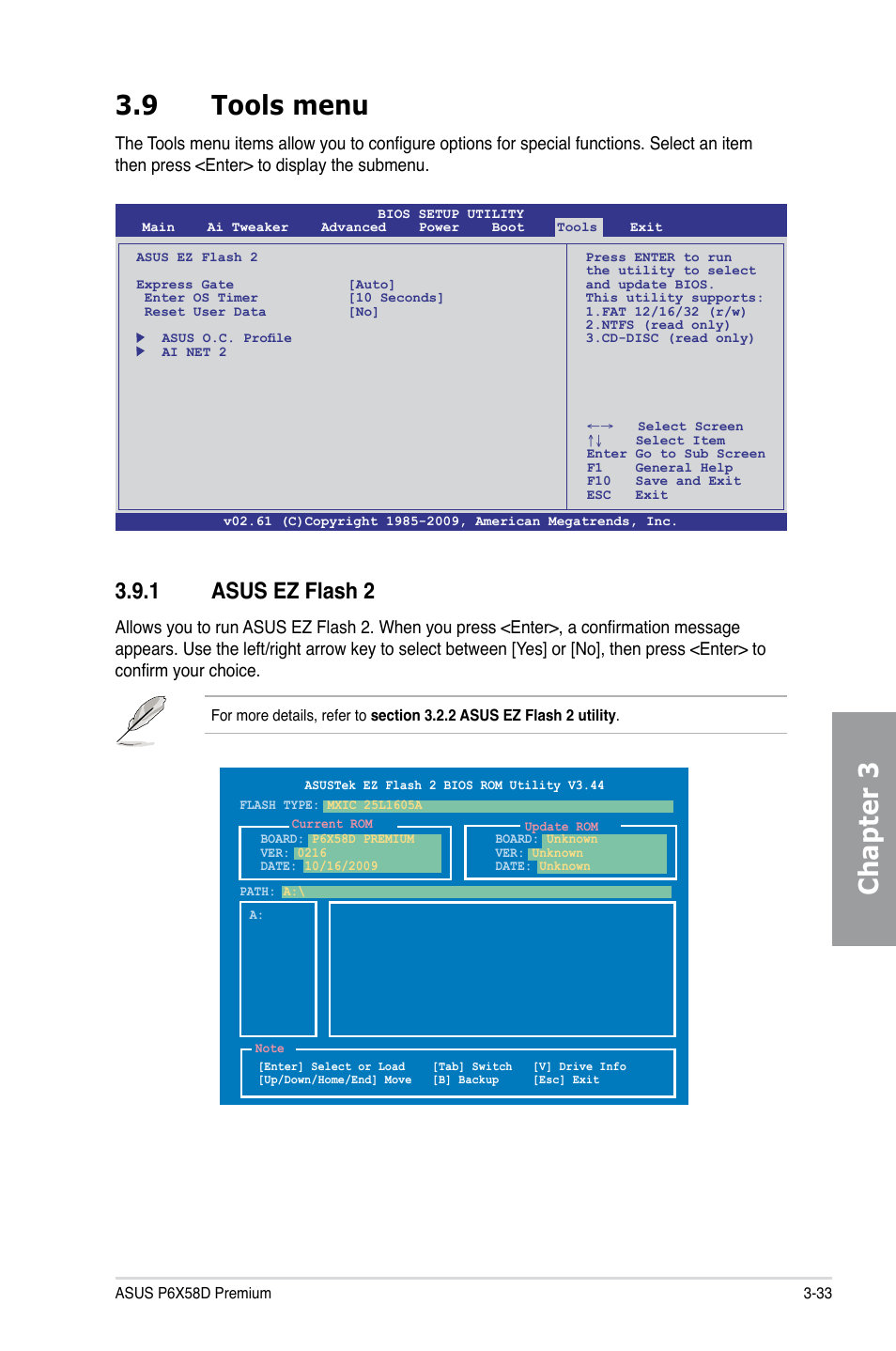 9 tools menu, 1 asus ez flash 2, Tools menu -33 3.9.1 | Asus ez flash 2 -33, Chapter 3 3.9 tools menu | Asus P6X58D Premium User Manual | Page 91 / 126