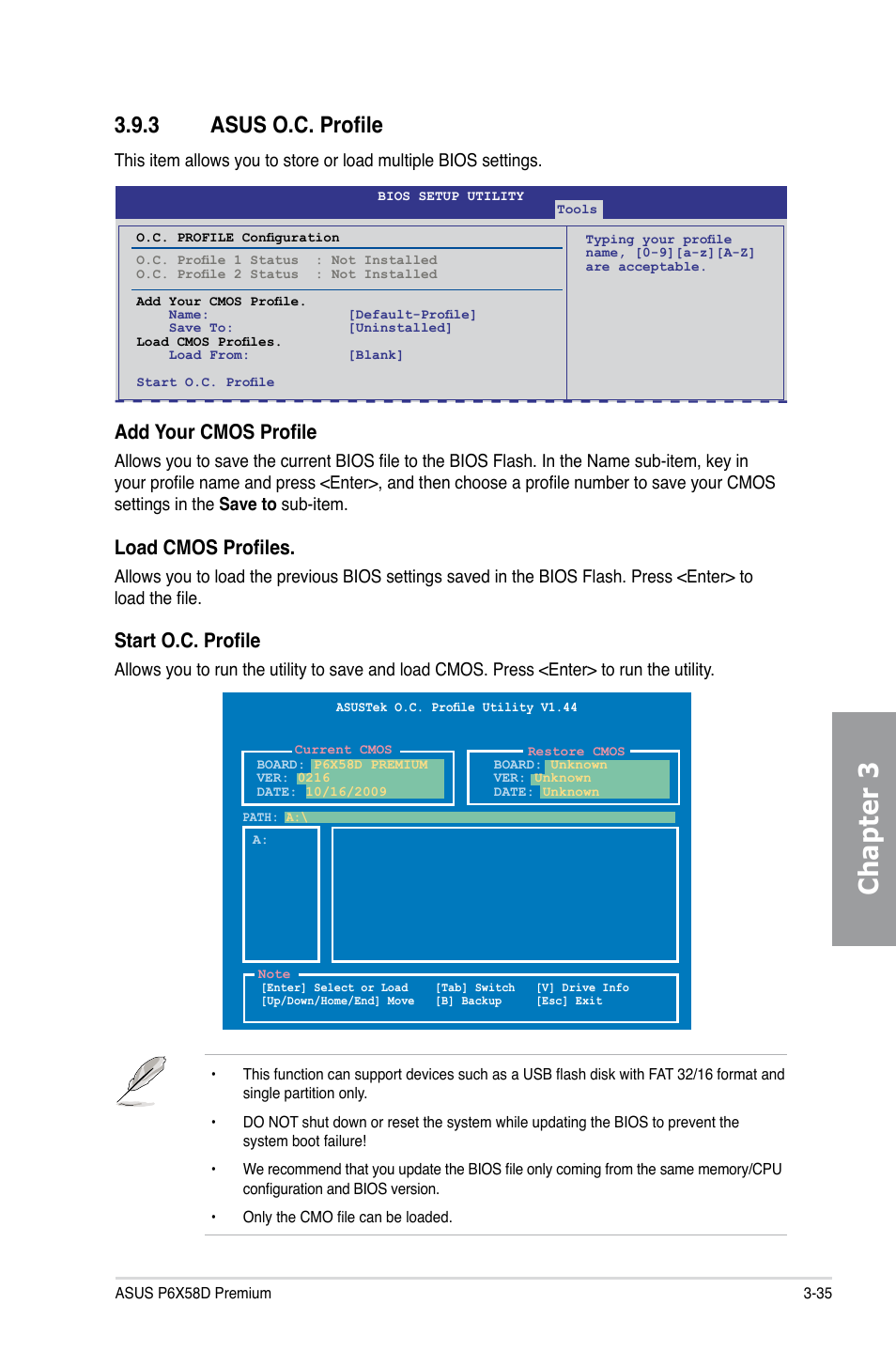 3 asus o.c. profile, Asus o.c. profile -35, Chapter 3 | Add your cmos profile, Load cmos profiles, Start o.c. profile | Asus P6X58D Premium User Manual | Page 93 / 126