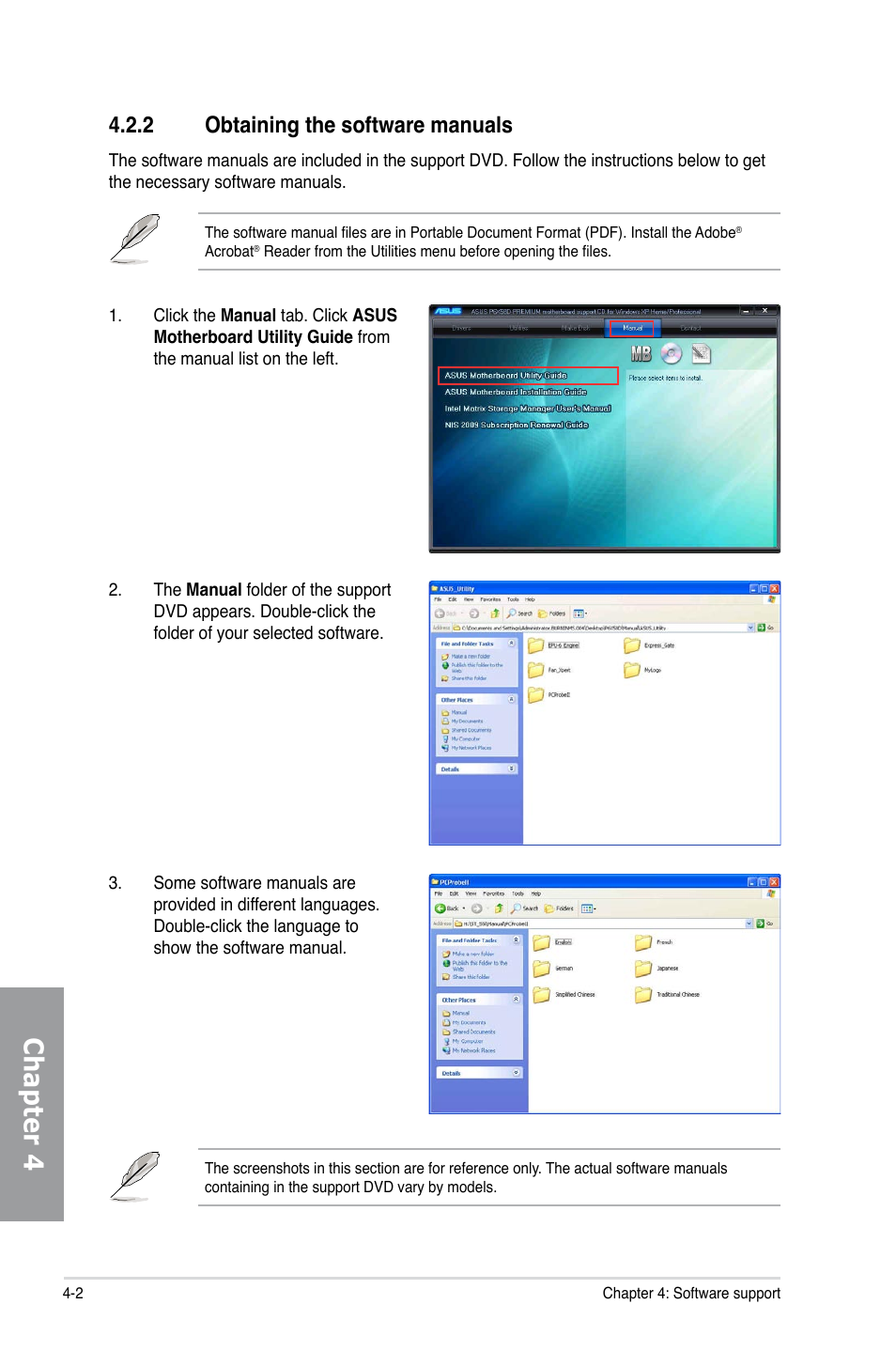 2 obtaining the software manuals, Obtaining the software manuals -2, Chapter 4 | Asus P6X58D Premium User Manual | Page 98 / 126