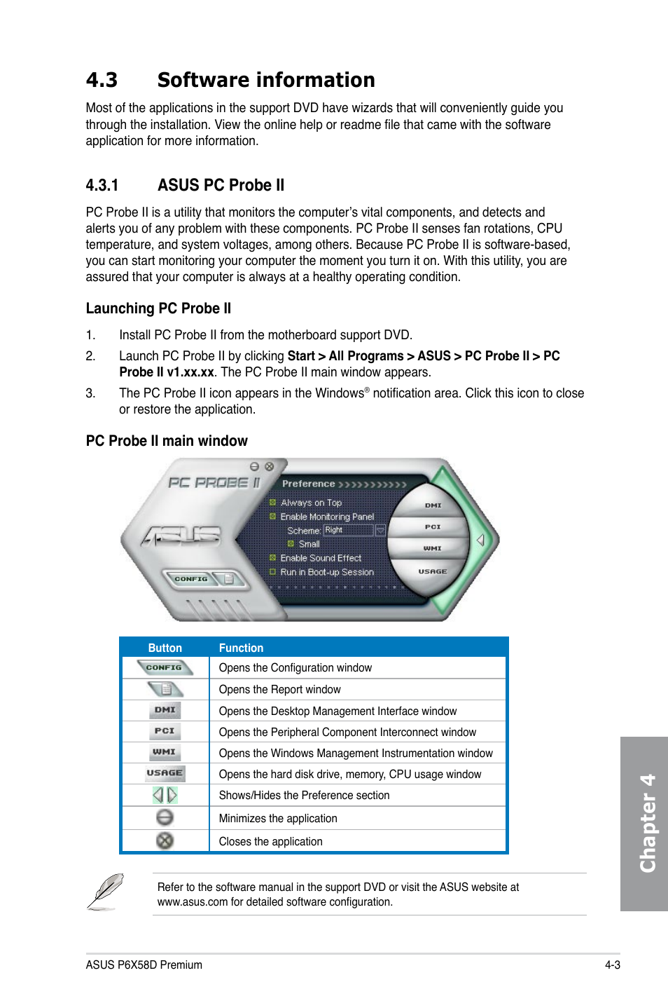 3 software information, 1 asus pc probe ii, Software information -3 4.3.1 | Asus pc probe ii -3, Chapter 4 4.3 software information | Asus P6X58D Premium User Manual | Page 99 / 126