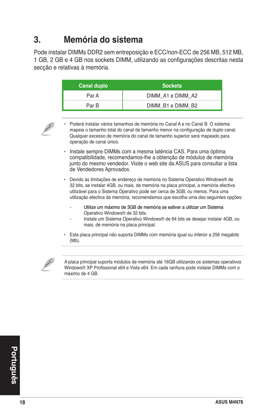Memória do sistema, Português | Asus M4N78 User Manual | Page 18 / 38