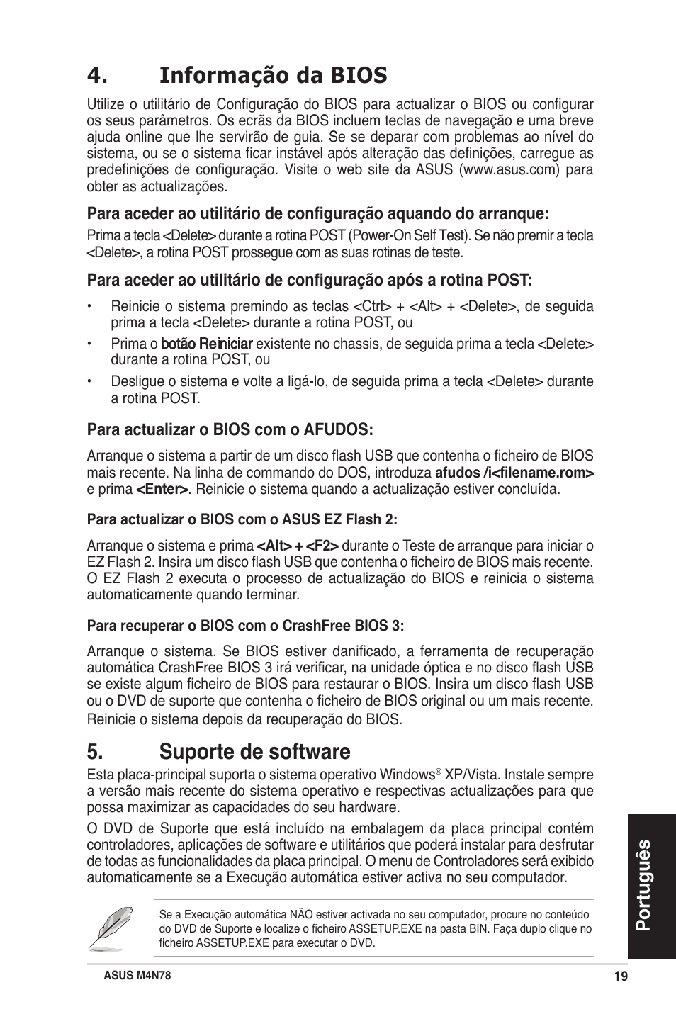 Informação da bios, Suporte de software, Português | Asus M4N78 User Manual | Page 19 / 38