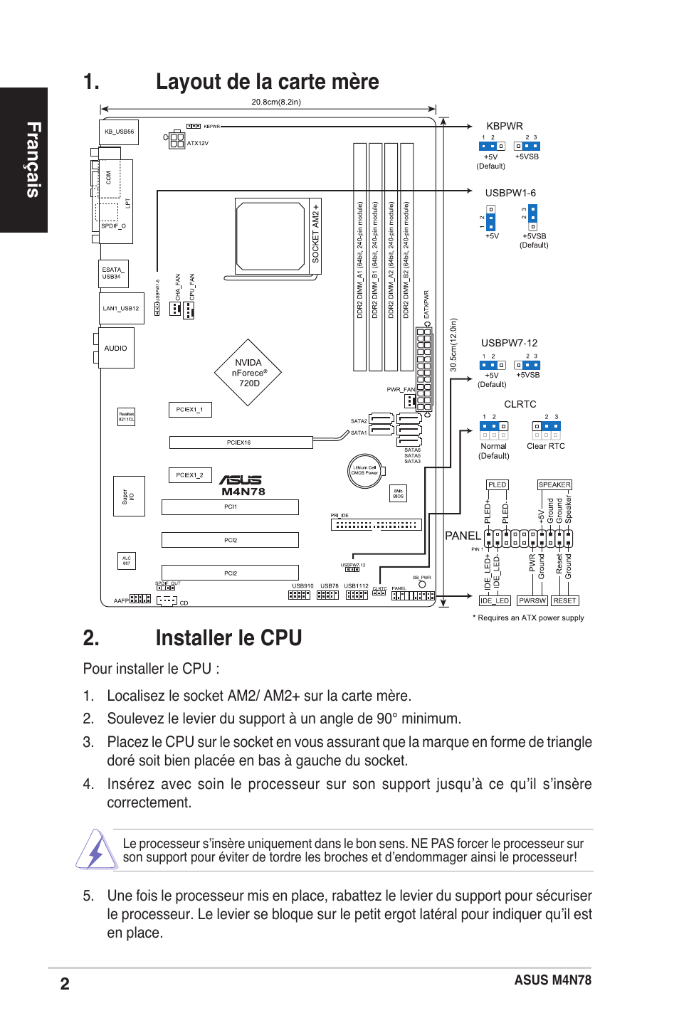 Installer le cpu, Layout de la carte mère | Asus M4N78 User Manual | Page 2 / 38