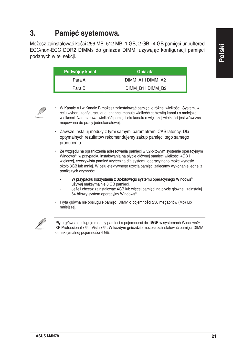 Pamięć systemowa, Polski | Asus M4N78 User Manual | Page 21 / 38