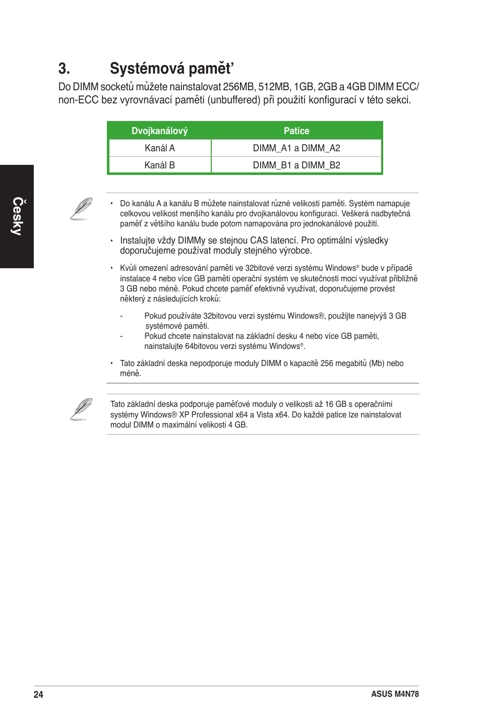Systémová pamět, Česky | Asus M4N78 User Manual | Page 24 / 38