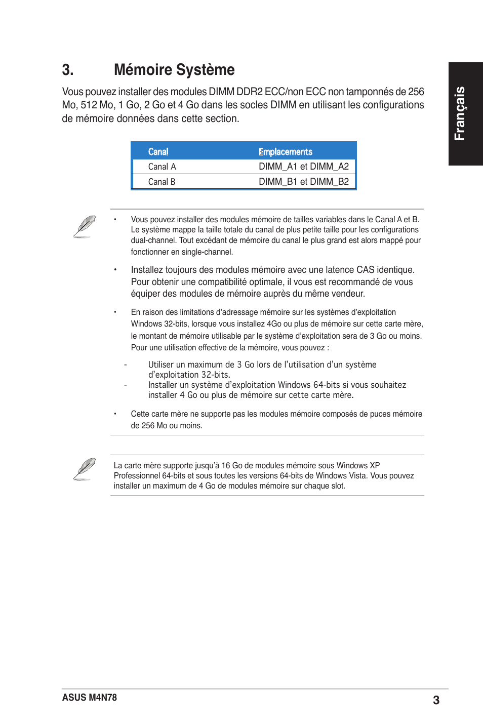 Mémoire système, Français | Asus M4N78 User Manual | Page 3 / 38