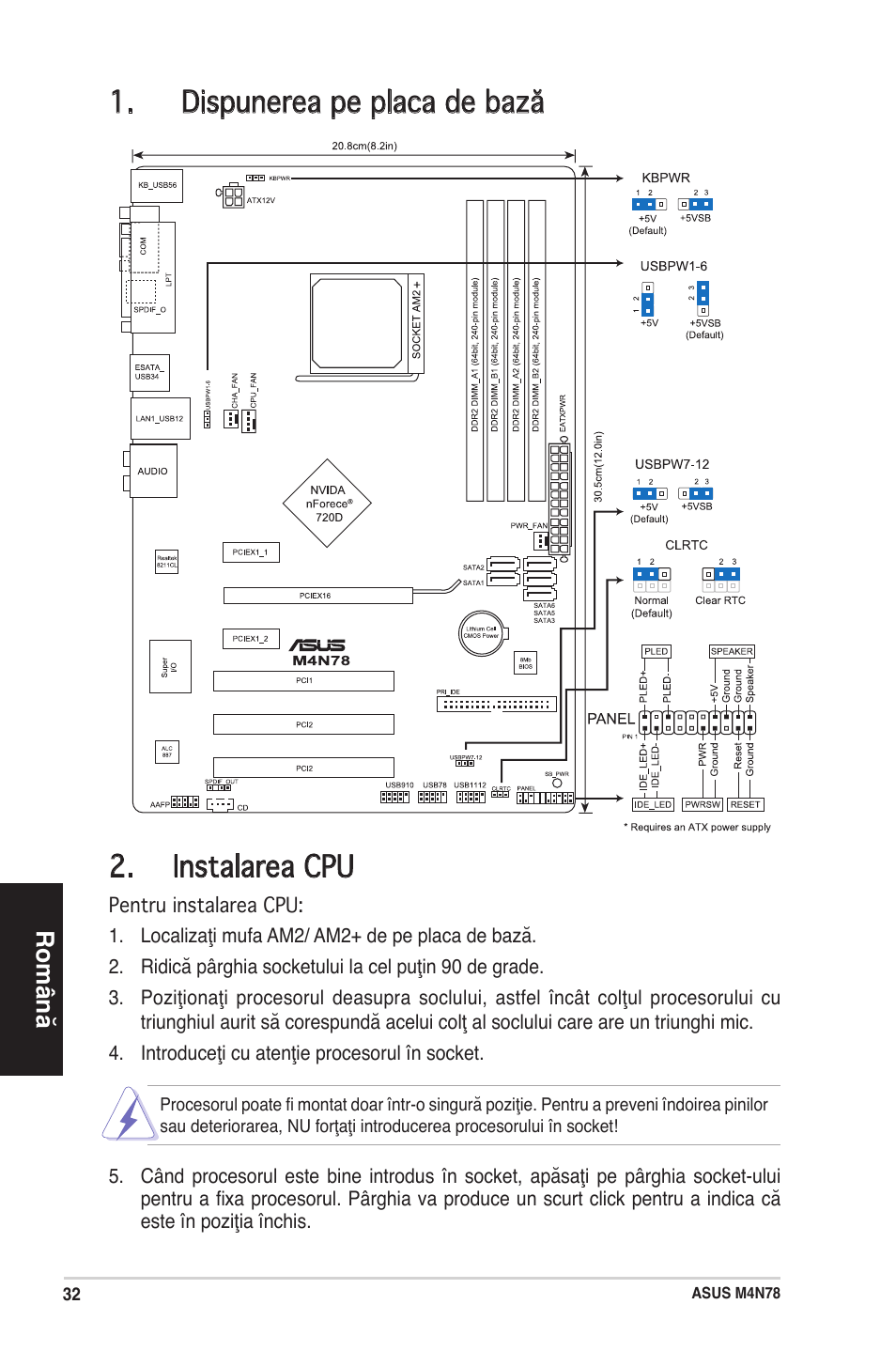 Dispunerea pe placa de bază 2. instalarea cpu, Română | Asus M4N78 User Manual | Page 32 / 38