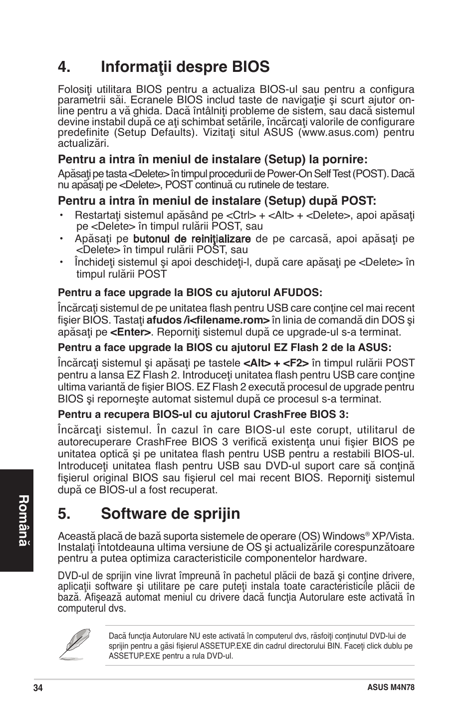 Informaţii despre bios, Software de sprijin, Română | Asus M4N78 User Manual | Page 34 / 38