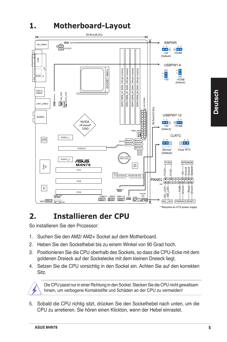 Motherboard-layout 2. installieren der cpu | Asus M4N78 User Manual | Page 5 / 38