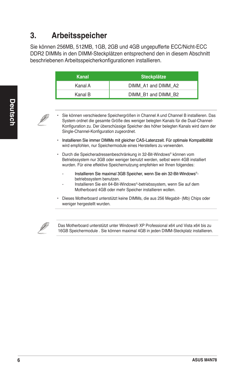 Arbeitsspeicher, Deutsch | Asus M4N78 User Manual | Page 6 / 38