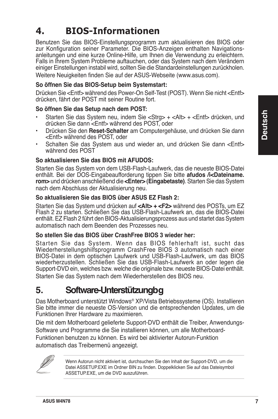 Bios-informationen, Software-unterstützungbg, Deutsch | Asus M4N78 User Manual | Page 7 / 38