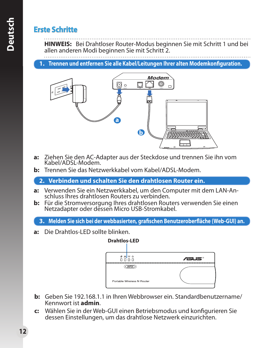 Deutsch, Erste schritte | Asus WL-330N User Manual | Page 12 / 91