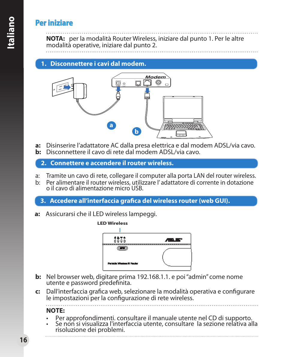 Italiano, Per iniziare | Asus WL-330N User Manual | Page 16 / 91