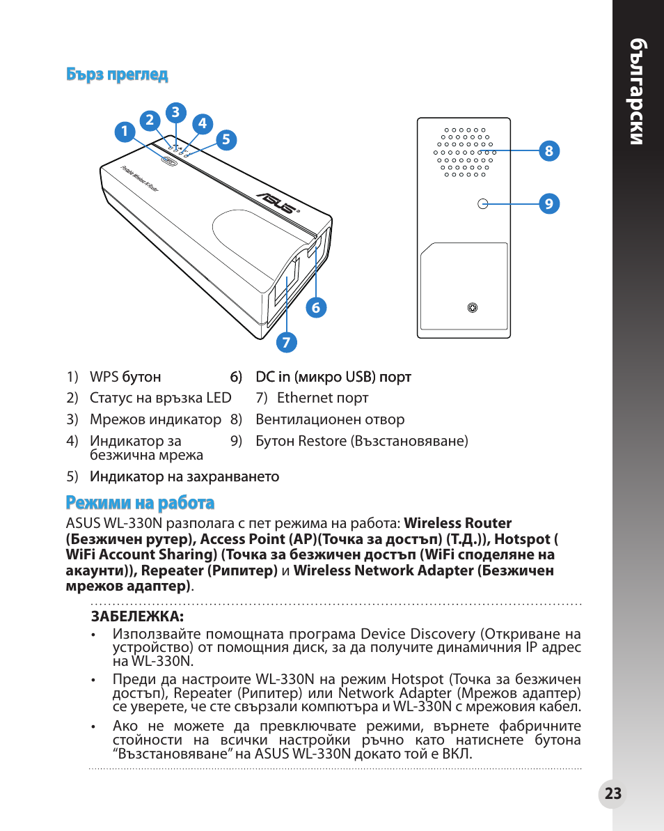 Бъ лг арски, Режими на работа | Asus WL-330N User Manual | Page 23 / 91