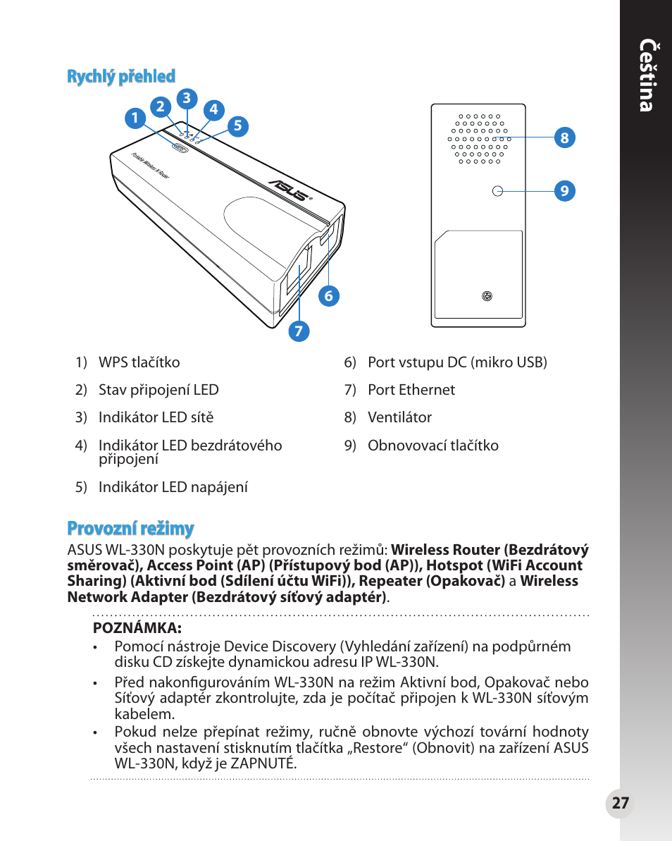 Čeština, Provozní režimy | Asus WL-330N User Manual | Page 27 / 91