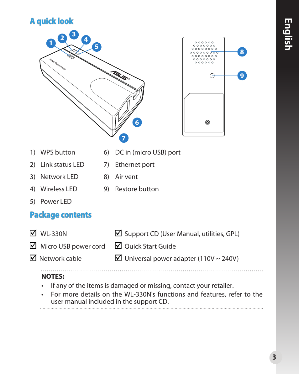 English, A quick look package contents | Asus WL-330N User Manual | Page 3 / 91