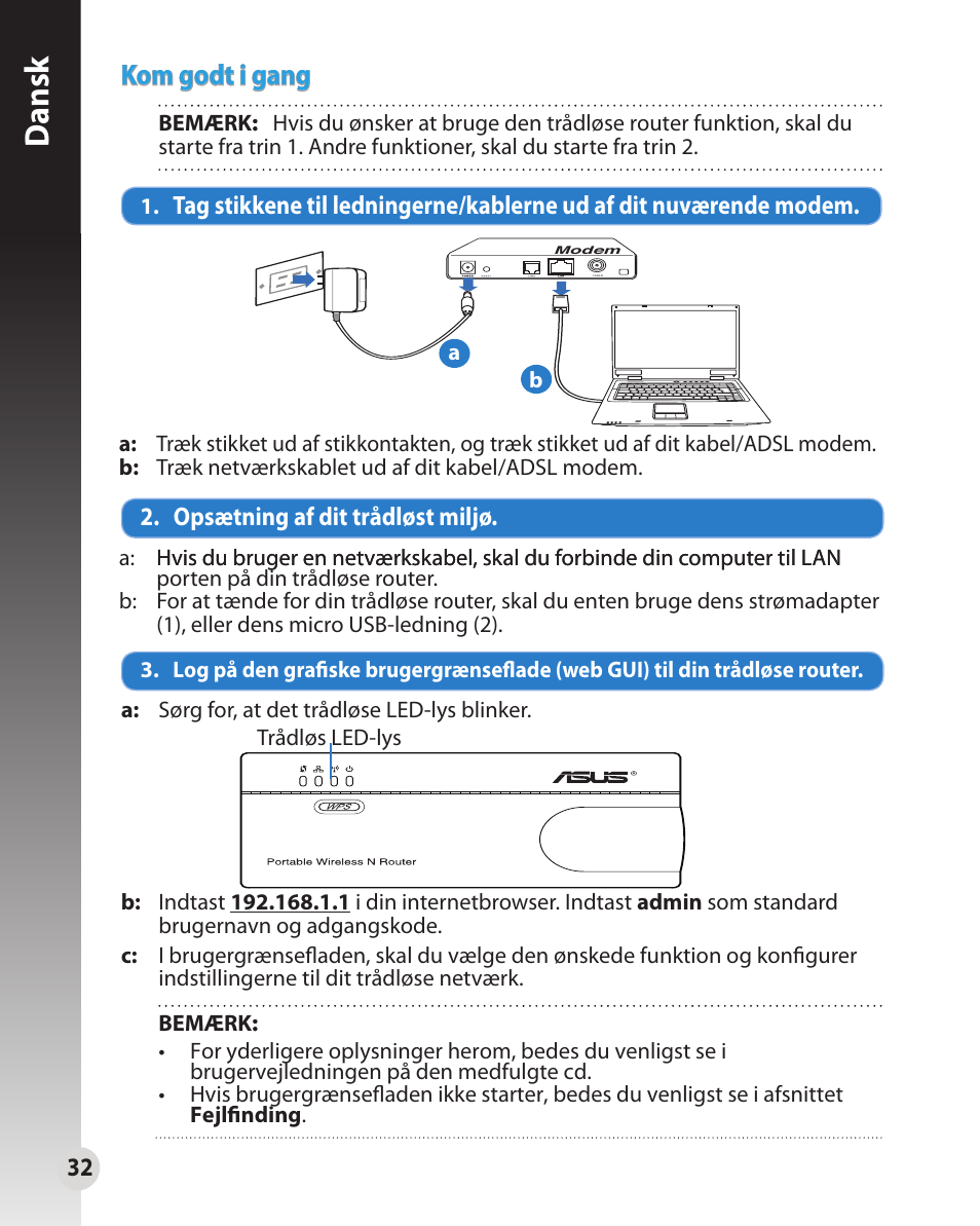 Dansk, Kom godt i gang | Asus WL-330N User Manual | Page 32 / 91