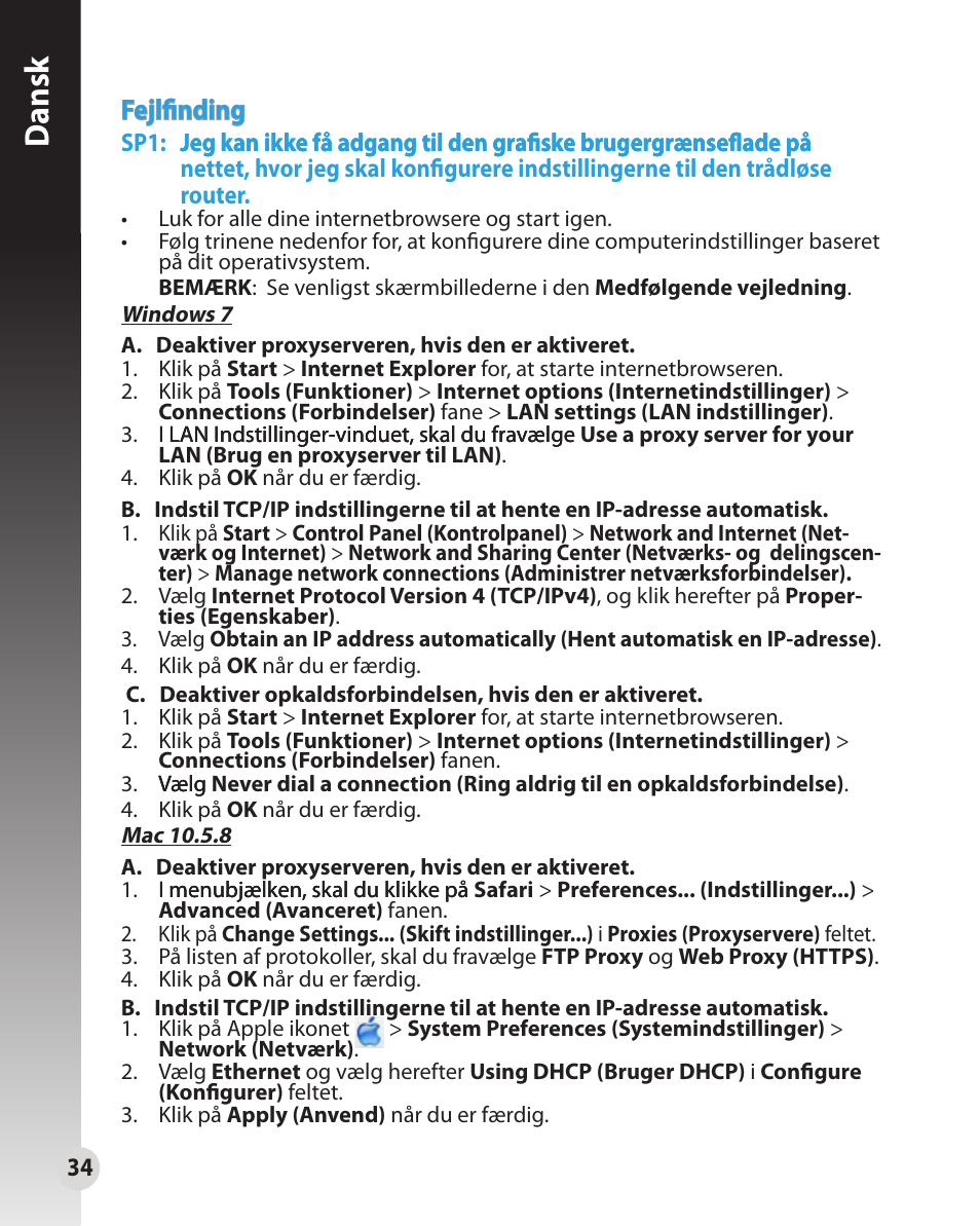 Dansk, Fejlfinding | Asus WL-330N User Manual | Page 34 / 91