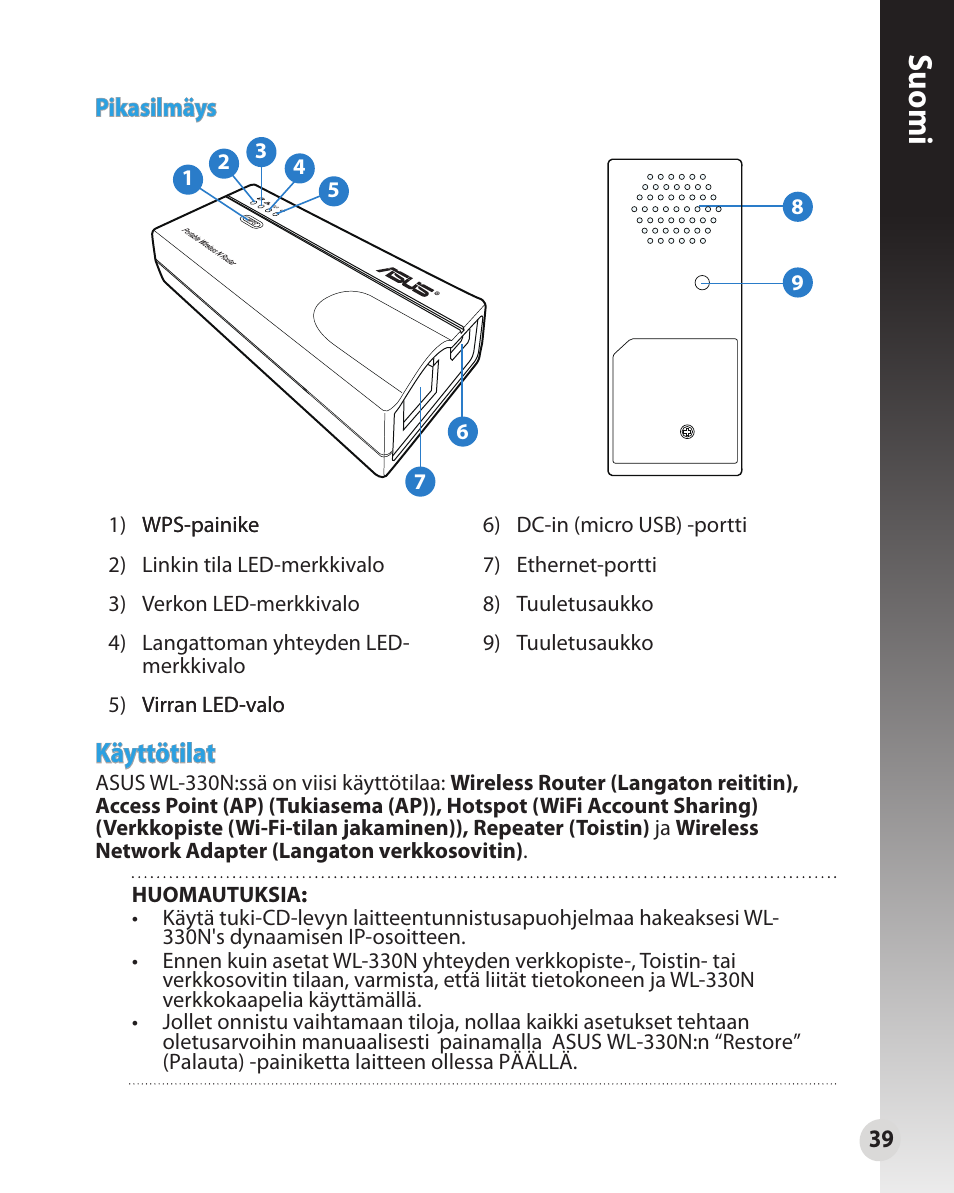 Suomi, Käyttötilat | Asus WL-330N User Manual | Page 39 / 91