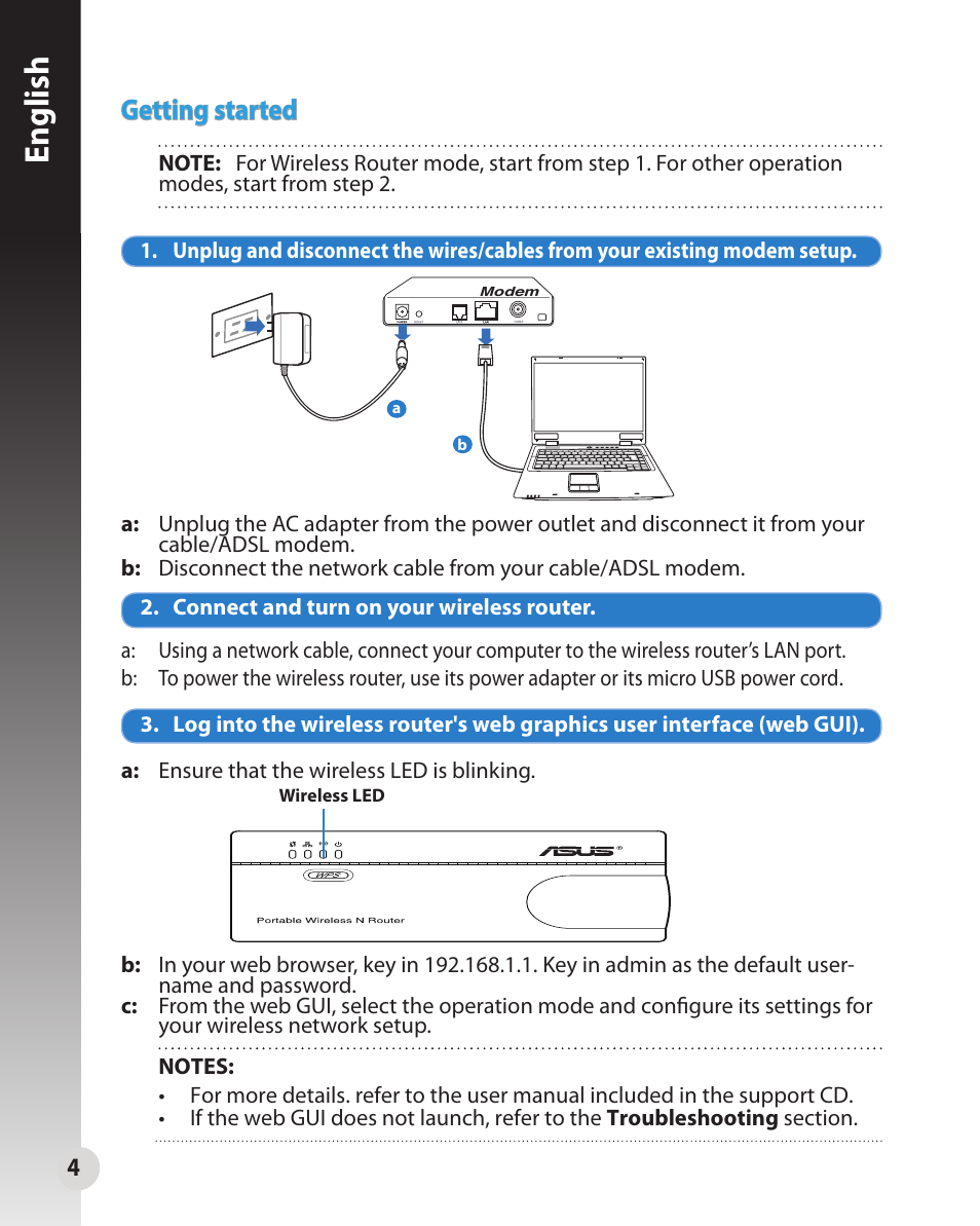 English, Getting started | Asus WL-330N User Manual | Page 4 / 91