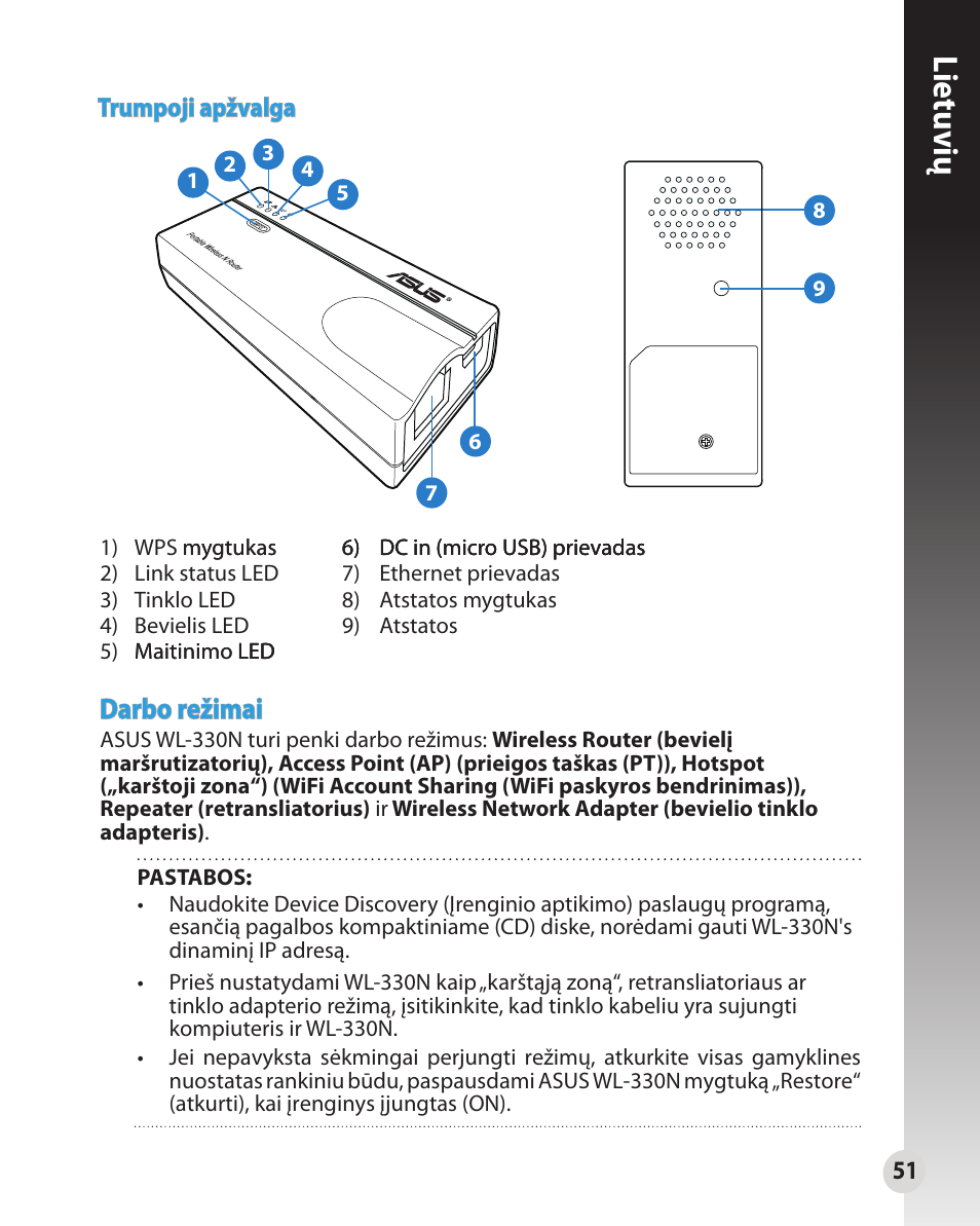 Lietuvių, Darbo režimai | Asus WL-330N User Manual | Page 51 / 91