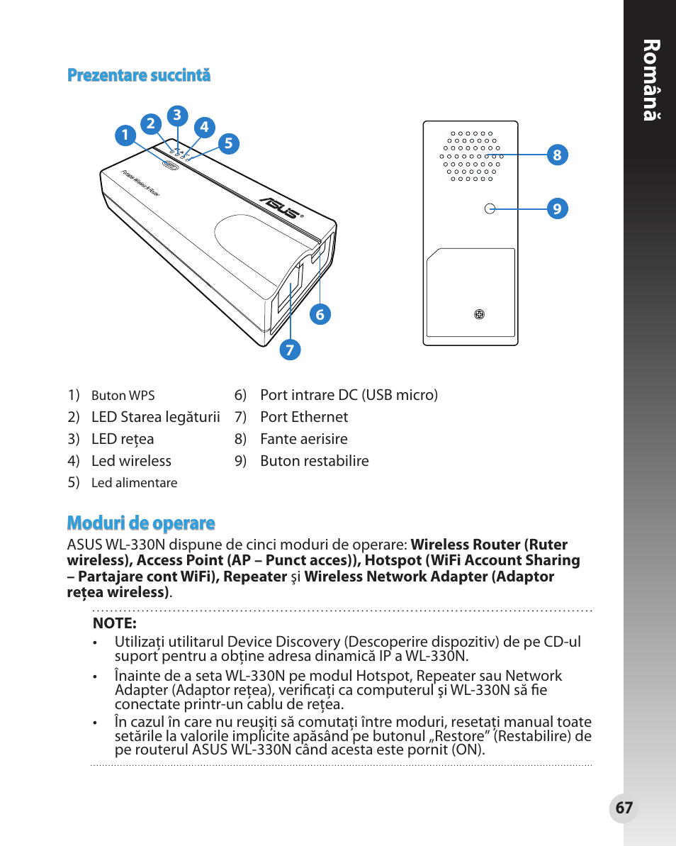 Română, Moduri de operare | Asus WL-330N User Manual | Page 67 / 91