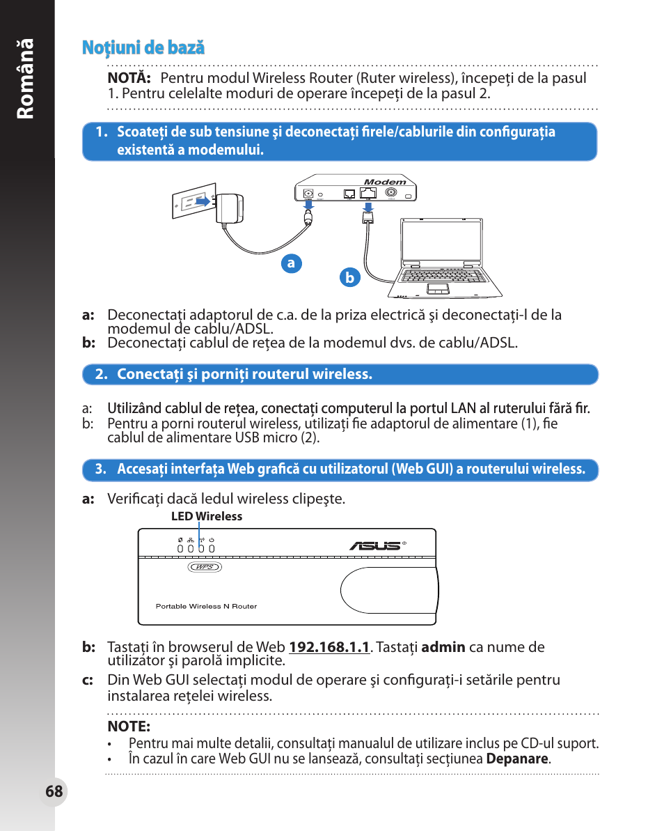 Română, Noţiuni de bază | Asus WL-330N User Manual | Page 68 / 91