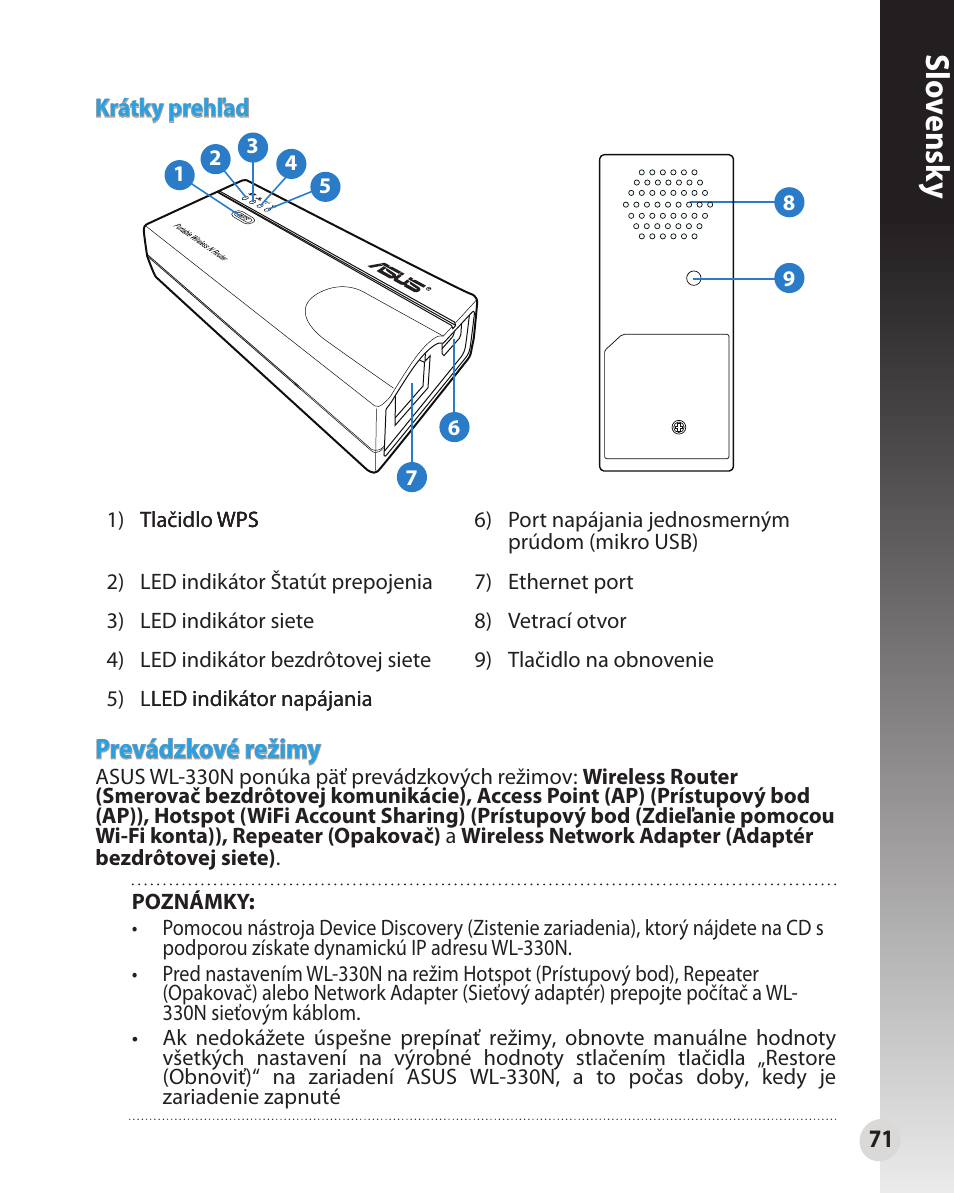Slo vensk y, Prevádzkové režimy | Asus WL-330N User Manual | Page 71 / 91