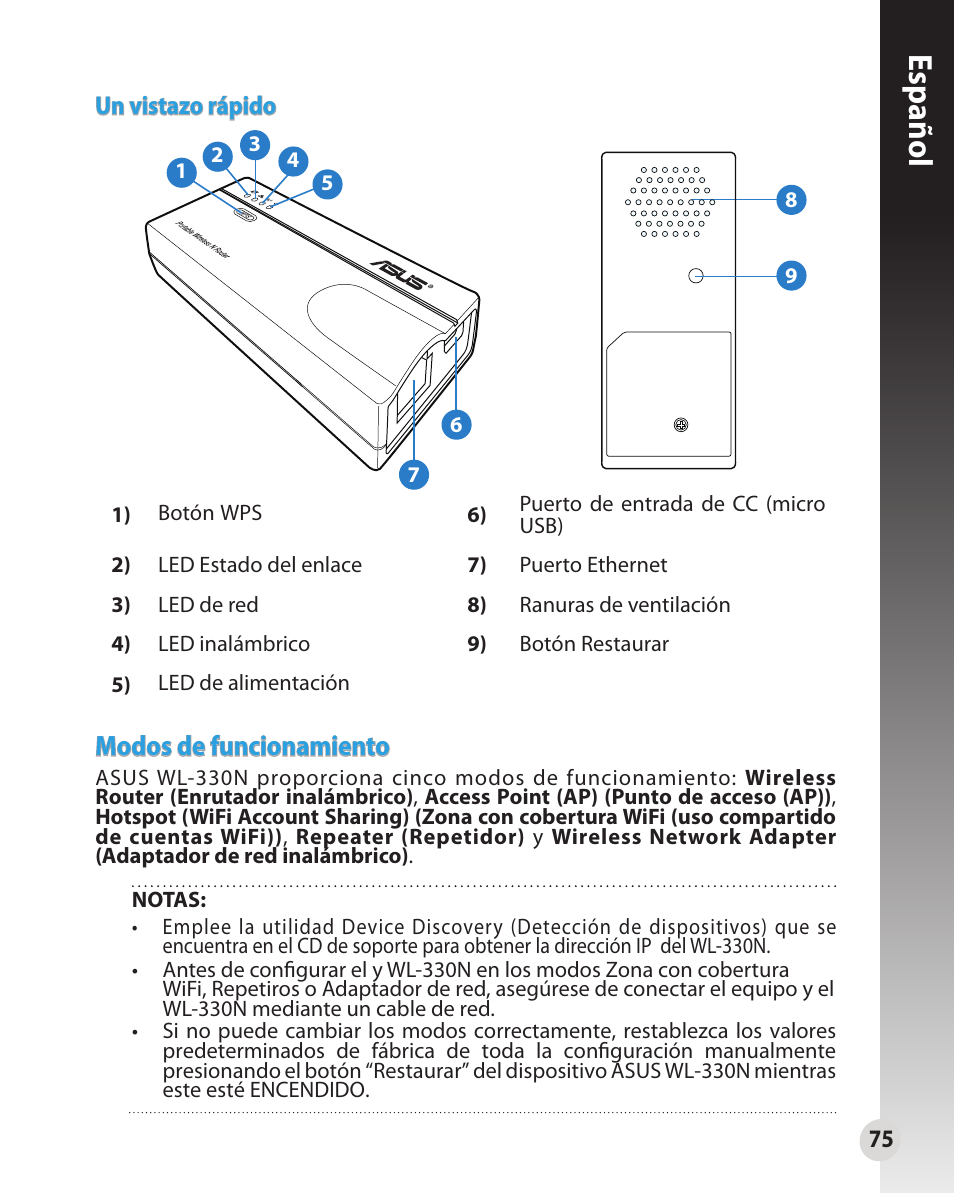 Español, Modos de funcionamiento | Asus WL-330N User Manual | Page 75 / 91