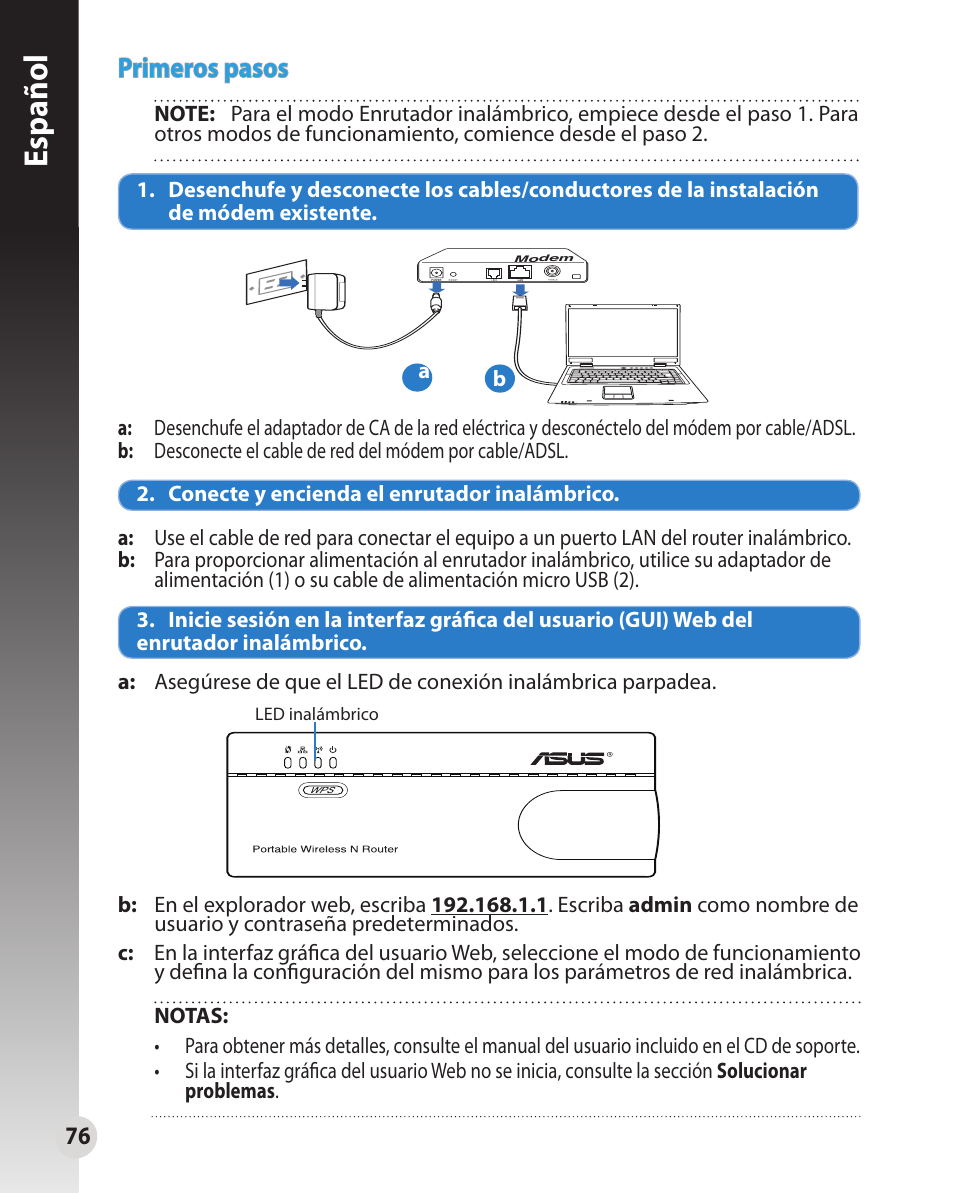 Español, Primeros pasos | Asus WL-330N User Manual | Page 76 / 91
