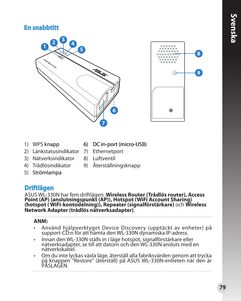 Sv ensk a, En snabbtitt, Driftlägen | Asus WL-330N User Manual | Page 79 / 91