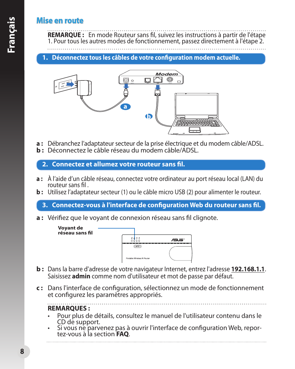 Fr anç ais, Mise en route | Asus WL-330N User Manual | Page 8 / 91