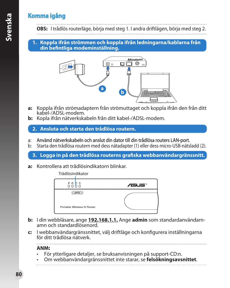 Sv ensk a, Komma igång | Asus WL-330N User Manual | Page 80 / 91