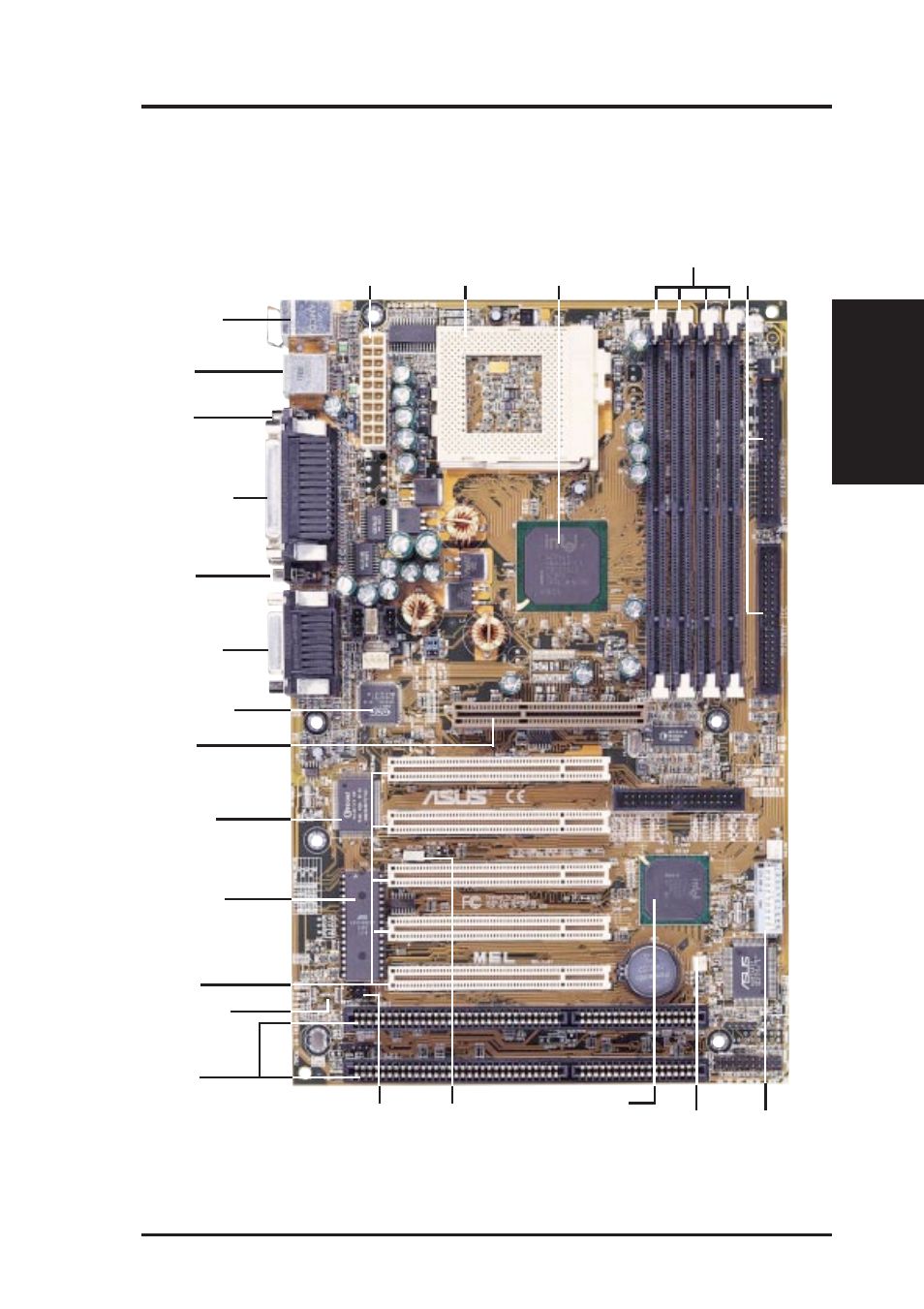 Ii. features, Parts of the asus mel motherboard, Asus mel user’s manual 11 | Ii. fea tures motherboard parts | Asus MEL User Manual | Page 11 / 96