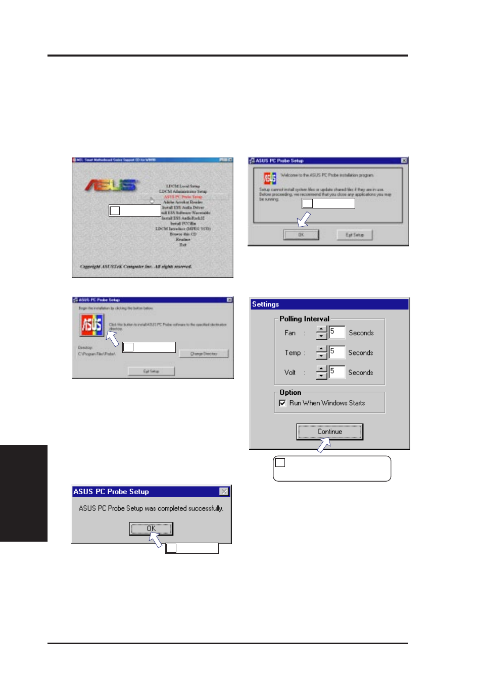 V. software setup, Installing asus pc probe, With onboard hardware monitor) | Asus MEL User Manual | Page 68 / 96