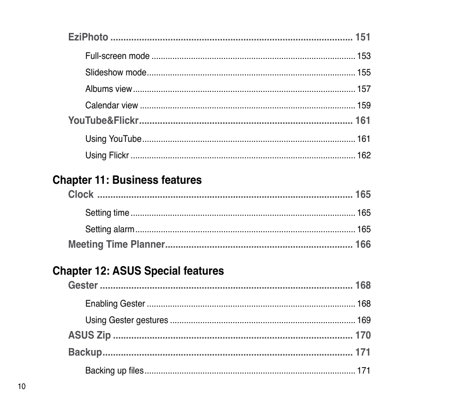 Chapter 11: business features, Chapter 12: asus special features | Asus P835 User Manual | Page 10 / 201