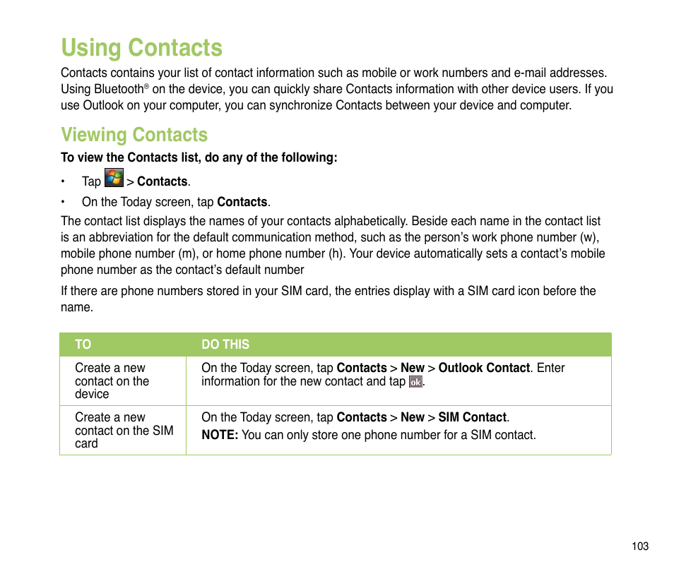 Using contacts, Viewing contacts | Asus P835 User Manual | Page 103 / 201