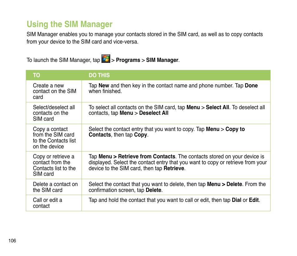 Using the sim manager | Asus P835 User Manual | Page 106 / 201