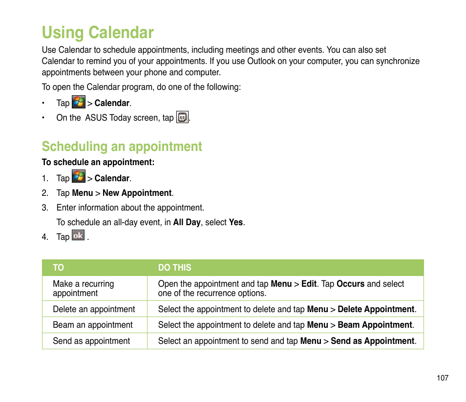 Using calendar, Scheduling an appointment | Asus P835 User Manual | Page 107 / 201