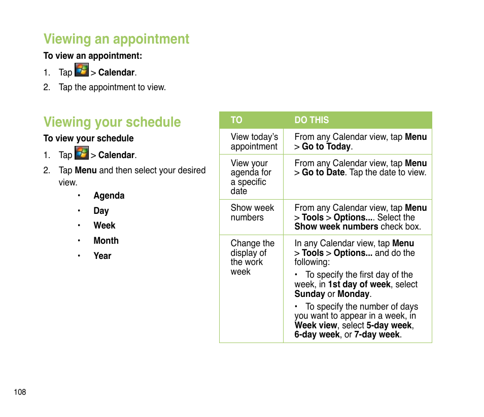 Viewing an appointment, Viewing your schedule, Viewing an appointment viewing your schedule | Asus P835 User Manual | Page 108 / 201